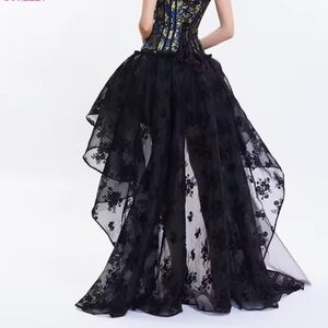 Black tulle puff high low skirt goth flocked velvet floral Steampunk gown Lolita